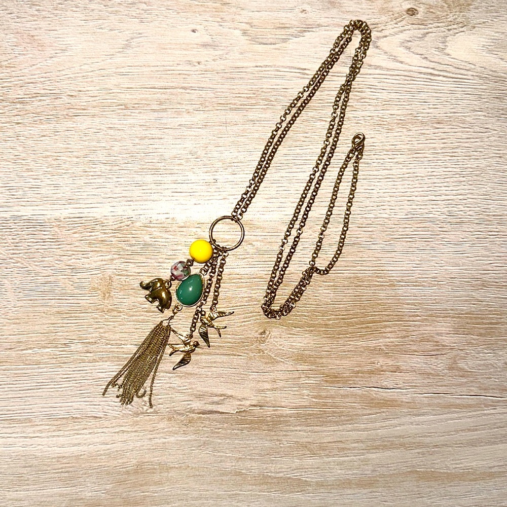 Elephant and Swallow Pendant Long Gold Chain Necklace